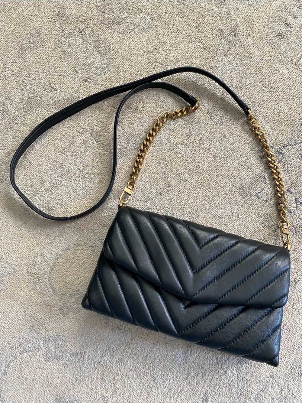 Quince Italian Leather Quilted Crossbody Wallet Bag Black Gold Chain Chevron